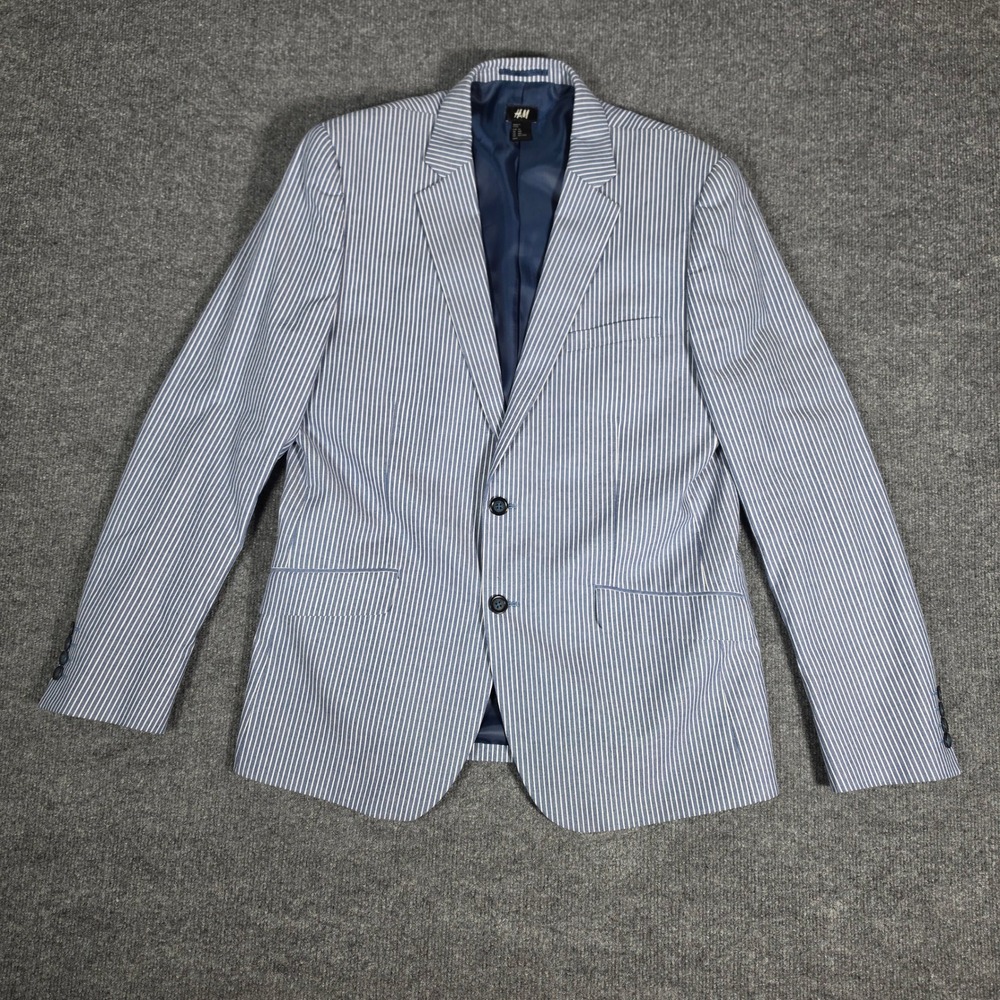HM Man Blue White Striped Cotton Blazer Jacket Mens 44R Preppy Summer Sport Coat